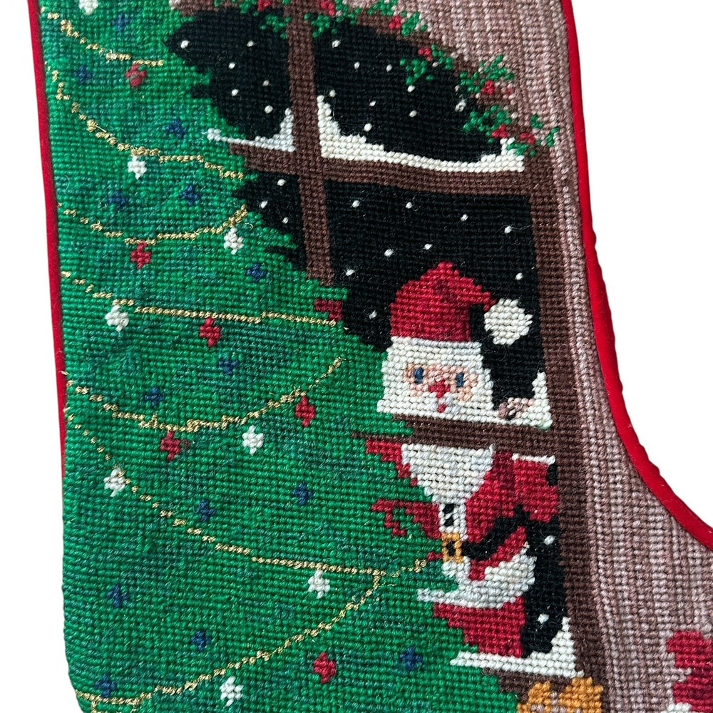 VTG Needlepoint Christmas Stocking 18 Inch Santa Tree Window Wool‎ Red Velvet - Picture 3 of 10